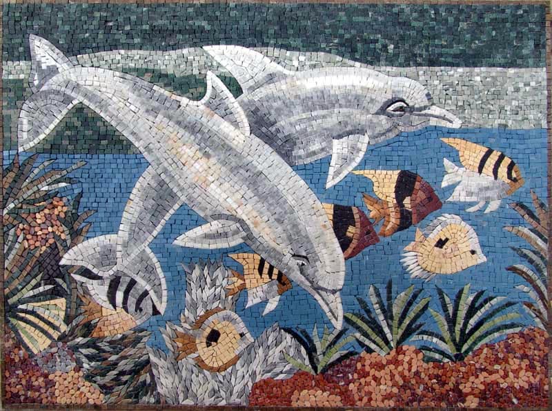 Dolphin Mosaics Art  Medallion for Backsplash